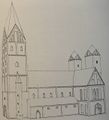 Die Andreaskirche kurz vor ihrer Zerstörung, nach einer Zeichnung der Ostfriesischen Landschaft im Emder Jahrbuch von 1992.