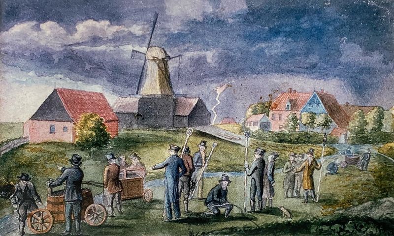 Datei:Norder Hafen Sägemühle Übung Feuerwehr Gemälde van Lengen 1819.jpg
